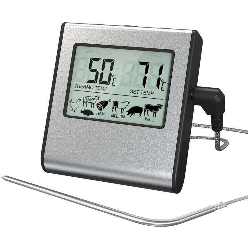 Digitales Fleischthermometer mit großem LCD-Display für Smoker, Backofen, Küche, Grill, BBQ – Thermometer mit Timer und Edelstahl-Temperaturfühler