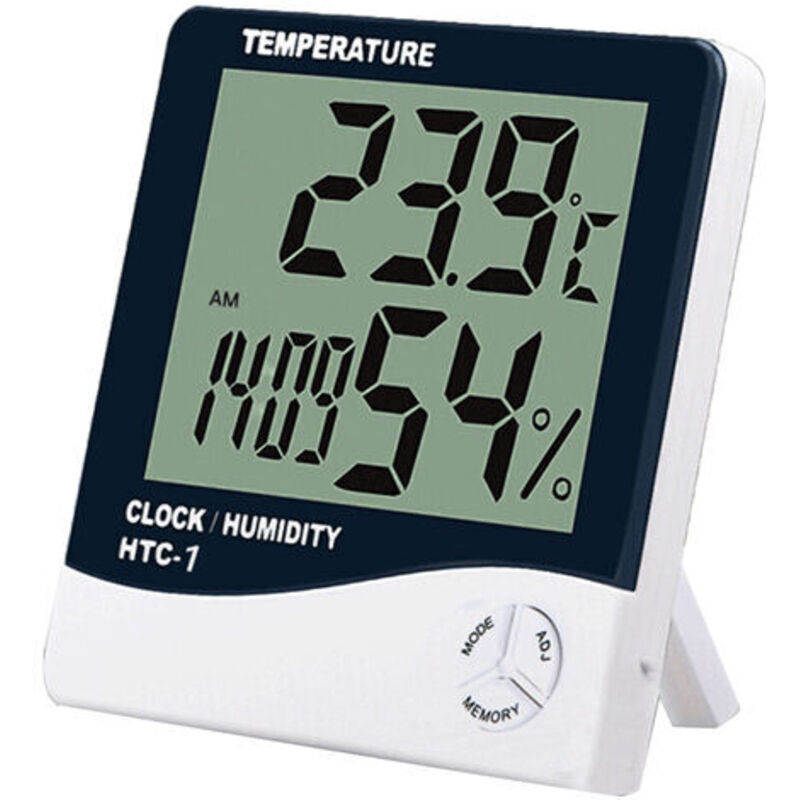 Digitales Thermometer mit Hygrometer, LCD-Display, großer Wetterstation, Wecker, Kalender, Zeiterinnerung und Max/Min-Speicher, HTC-1