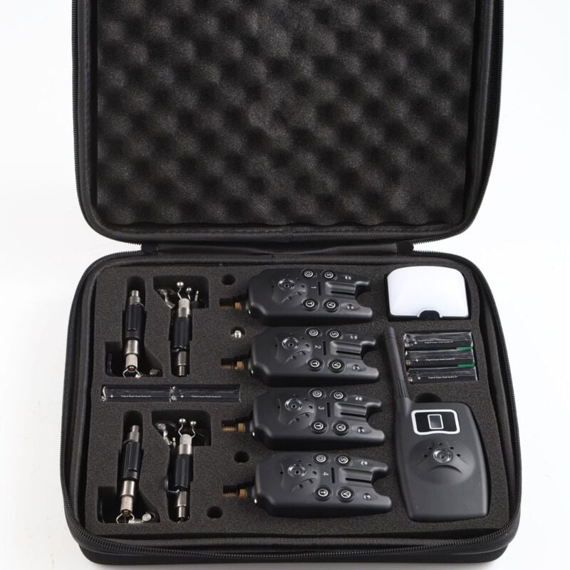 Digitales, kabelloses Bissanzeiger-Set mit Tragetasche, Angelalarm mit LED-Leuchten und Tonsignal, Bissanzeiger/Empfänger/Schaukeln