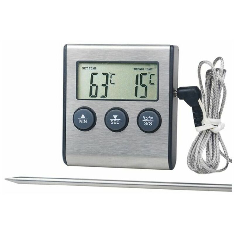 Aiperq - Digitales Küchenthermometer, großes LCD-Display, lange Sonde für Grill, Ofen, Fleisch, Kochtemperatur, Alarm-Timer-Tool