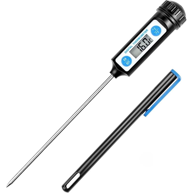 Digitales Küchenthermometer mit langer Sonde und LCD-Display für Lebensmittel wie Fleisch, Öl, Milch, Wein, Grillgut und heißes Wasser, Schwarz