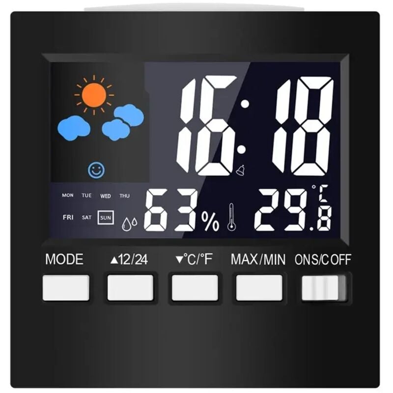 Digitales LCD-Thermometer, Wetterstation, Uhr und Wecker, Kalender, Hygrometer, Temperatur- und Luftfeuchtigkeitsanzeige für Wohnräume