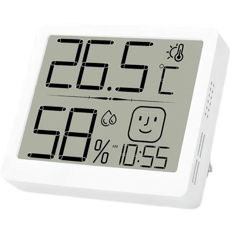 Digitales Thermo-Hygrometer für den Innenbereich mit Wecker, Thermometer, Feuchtigkeitsanzeige, Display mit Emojis, Maximal-/Minimalwertaufzeichnung