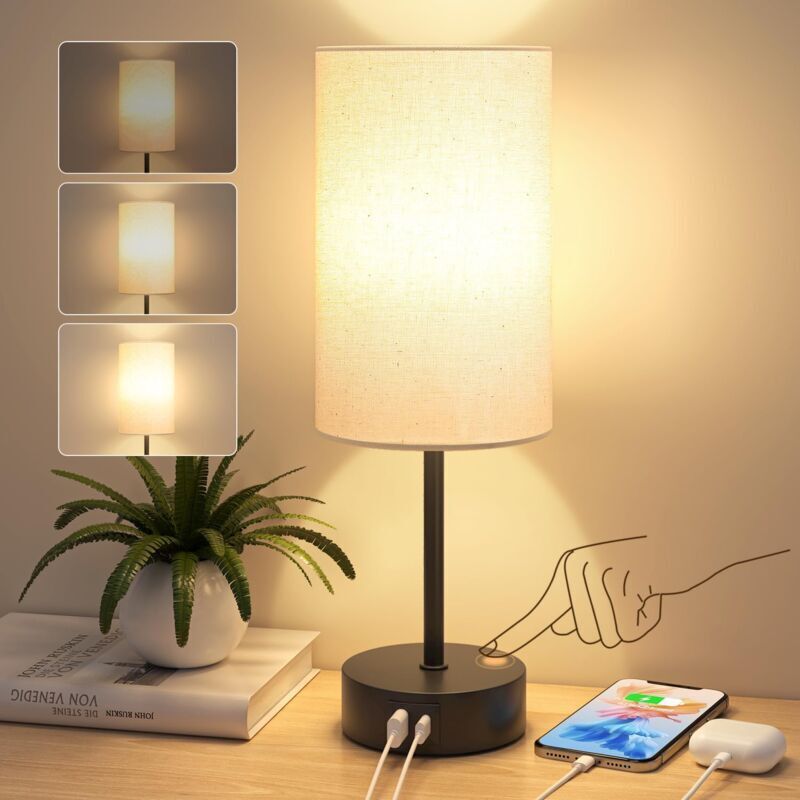 Dimmbare Touch-Nachttischlampe, Schlafzimmer-Nachtlicht mit USB-A+C-Ladeanschluss, Leinenschirm, kleine Nachtlampe für Schlafzimmer, Wohnzimmer, Home