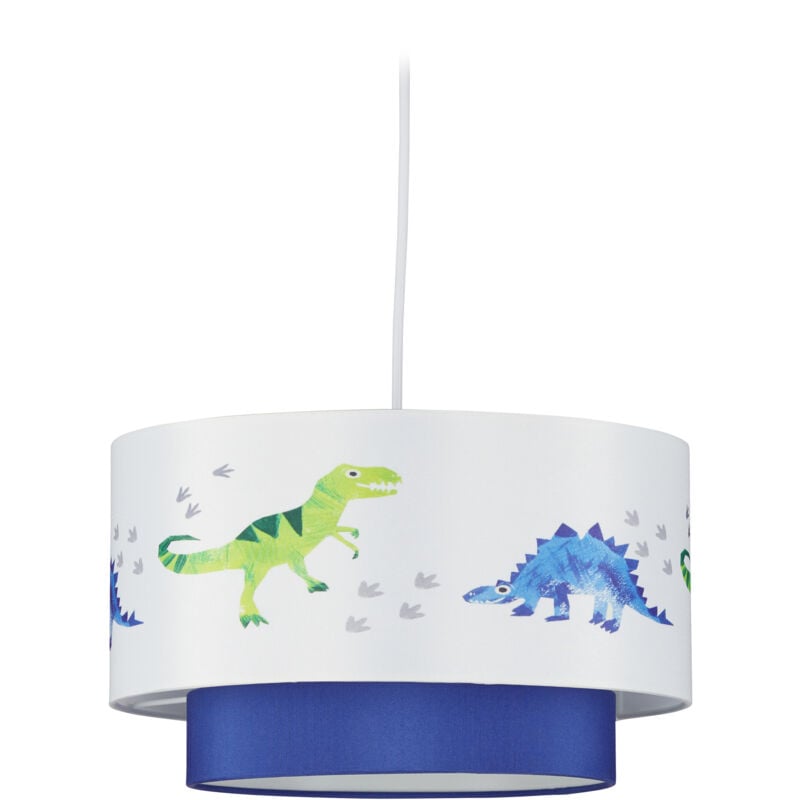 Dino Hängelampe, runder Lampenschirm mit Dinosaurier-Motiv, für Kinder- & Babyzimmer, HxD 126x30 cm, weiß-blau - Relaxdays