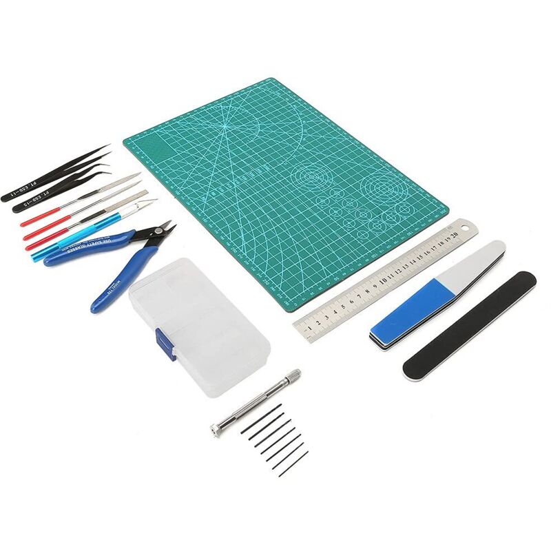 DIY-Modellbau-Werkzeugset: Pinzette, Lineal, Schneidematte, Aufbewahrungsbox, Polierstab, manuelles Spiralbohrer-Set für Modellbau- und Bastelprojekte