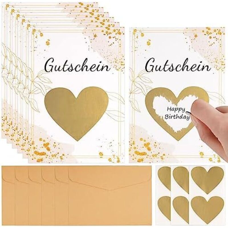 DIY Rubbelkarten mit Umschlägen Set, 6 Stück Rubbelkarten Selbst Beschriften, mit Kraftpapier Umschläge, Herzform Kratzfilm, für Geburtstag, Party,