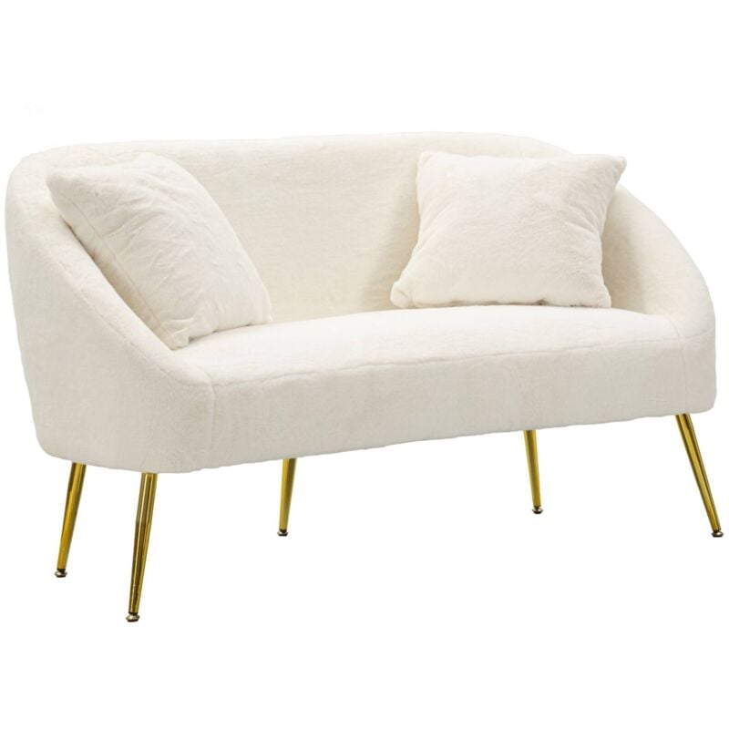 2-Sitzer festes Sofa Javari, lineares Sofa, Sofa für Wohnzimmer, Lineare Stoffstruktur, 137x69 h79 cm, Weiß und Gold - Dmora