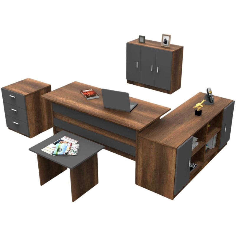 Büro-Set Delta, Studio-Komposition, Büroartikel, Schreibtisch und Schubladenset, Walnuss und Anthrazit - Dmora