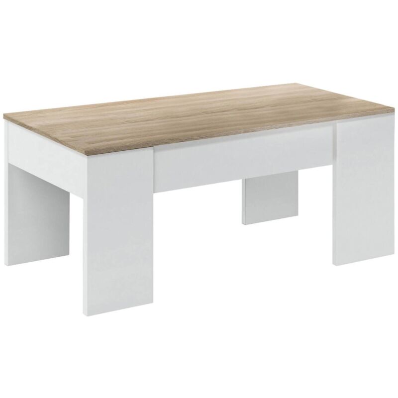 Couchtisch Oceanside, Couchtisch mit abnehmbarer Platte, Couchtisch für das Wohnzimmer, cm 100x50h45/56, Weiß und Eiche - Dmora