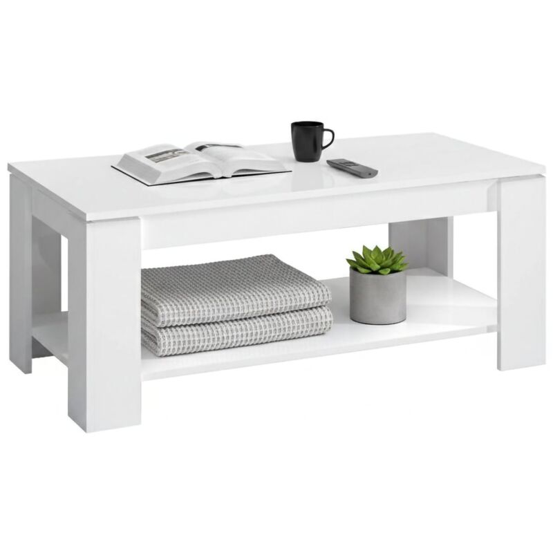 Couchtisch Chicago, Couchtisch mit anhebbarer Ablage, Couchtisch für das Wohnzimmer, cm 102x50h43/54, Mattweiß - Dmora