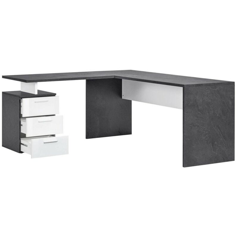 Eckschreibtisch, Made in Italy, Minimaler Computertisch, PC-Schreibtisch, 160x60h75 cm, Farbe Ash Grey und Glossy White - Dmora