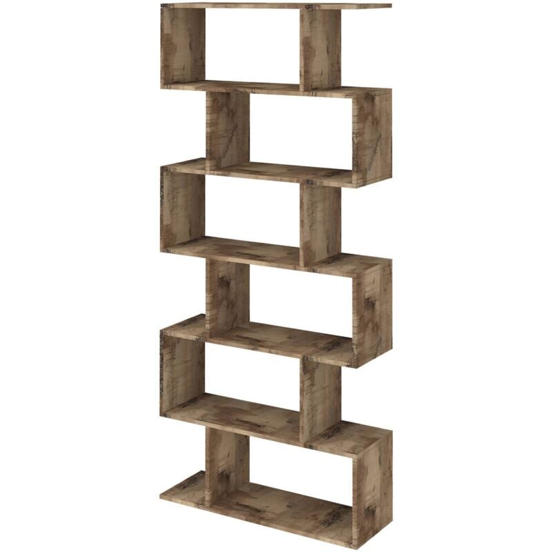 Hohes Zick-Zack-Bücherregal mit 6 offenen Regalen, Made in Italy, Regal für Bücher und Dokumente, Büro-Bücherregal, cm 80x25h192, Ahornfarbe - Dmora