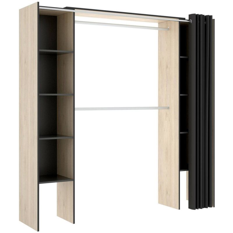Kleiderschrank Dgond, Struktur für begehbaren Kleiderschrank, offene ausziehbare Garderobe, 180 x 50 x 205 cm, Eiche und Grau - Dmora