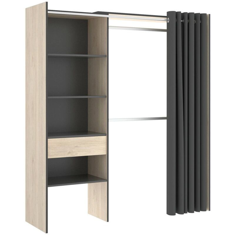 Kleiderschrank Dober, Rahmen für begehbaren Kleiderschrank mit Vorhang, offene Garderobe, 160 x 50 x 205 cm, Eiche und Anthrazit - Dmora