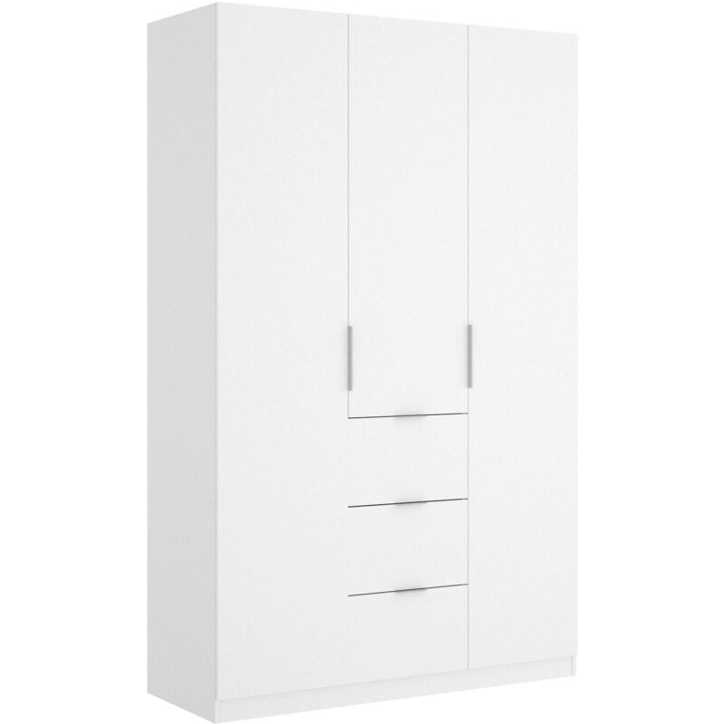 Kleiderschrank Dcurt, Garderobe für Schlafzimmer, Kleiderschrank mit 3 Flügeltüren und 3 Schubladen, 135x52h204 cm, Weiß - Dmora