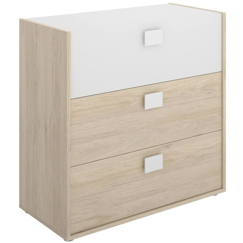 Kommode Sella, Kommode für Schlafzimmer, Kommode mit 3 Schubladen, 80x43h81 cm, Eiche und Weiß - Dmora