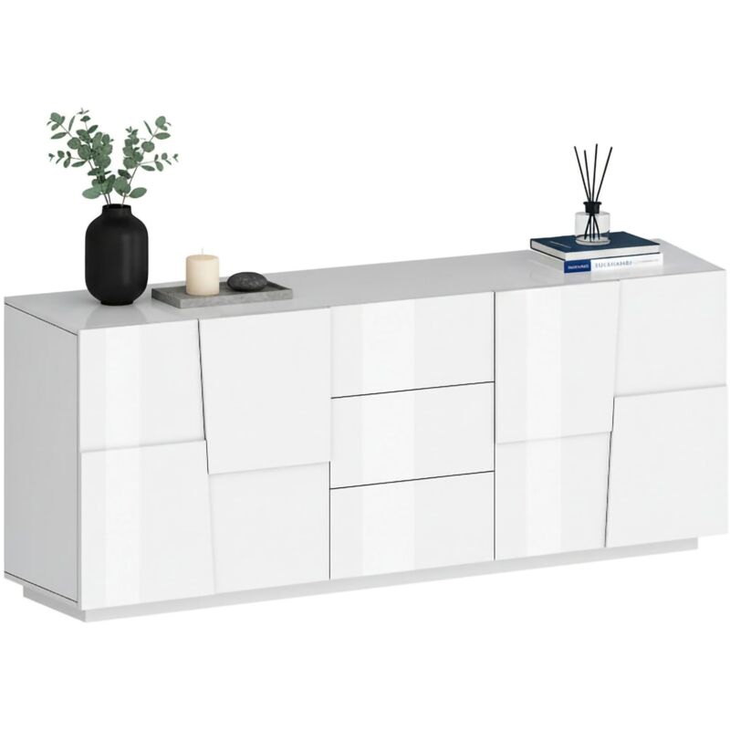Kommode Yoel, Wohnzimmer-Buffet, Wohnzimmer-Kommode mit 4 Türen und 3 Schubladen, 220x44x86 cm, glänzend weiß - Dmora