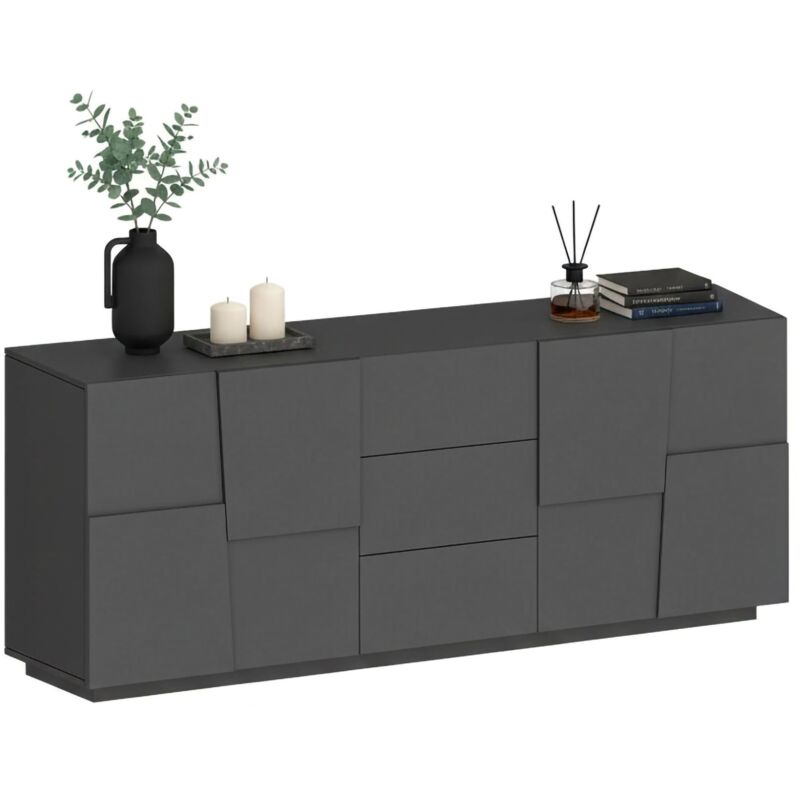 Dmora - Kommode Yoel, Wohnzimmer-Buffet, Wohnzimmer-Kommode mit 4 Türen und 3 Schubladen, 220x44x86 cm, Anthrazit, mit verstärkter Verpackung