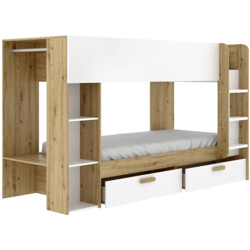 Schlafzimmer Keli, Komplettes Schlafzimmer, Kinderzimmer, Loft-Bett Kit, 245x110 h150 cm, Weiß und Knoteneiche - Dmora
