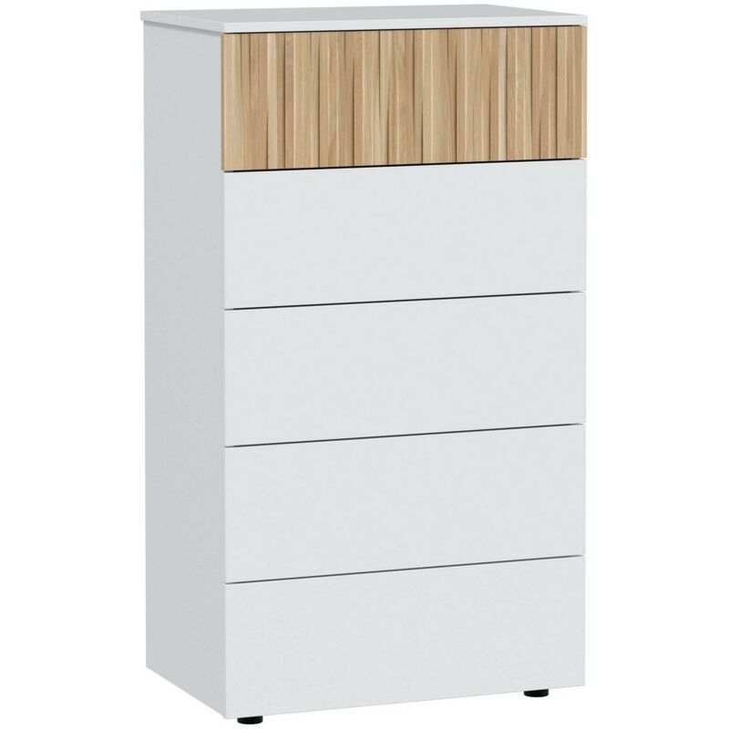 Schubladenschrank Wynne, Kommode mit 5 Schubladen, Kommode für Schlafzimmer, Moderne Kommode, 61x40x109 cm, Weiß und Eiche - Dmora