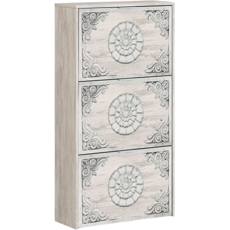 Schuhschrank Escondido, Schuhschrank mit 3 Klapptüren, Schrank mit doppelter Kapazität für bis zu 18 Paar Schuhe, cm 70x17h180, Altweiß - Dmora