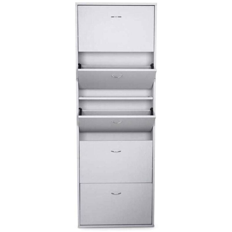 Schuhschrank Washington, Schuhschrank mit 5 Klapptüren, Schuhregal mit hohem Eingang, Modernes Schuhregal, cm 70x17h180, Glänzend Weiß - Dmora