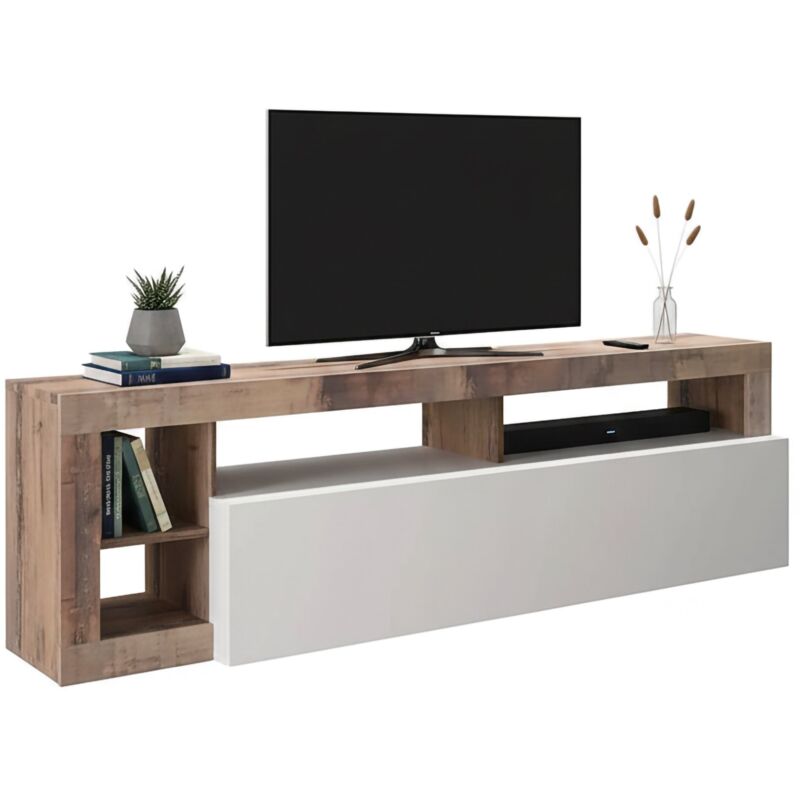 TV-Möbel, Made in Italy, Sideboard für Wohnzimmer-TV mit 1 Tür und offenen Fächern, cm 184x42h58, glänzend weiß und birnenfarben - Dmora