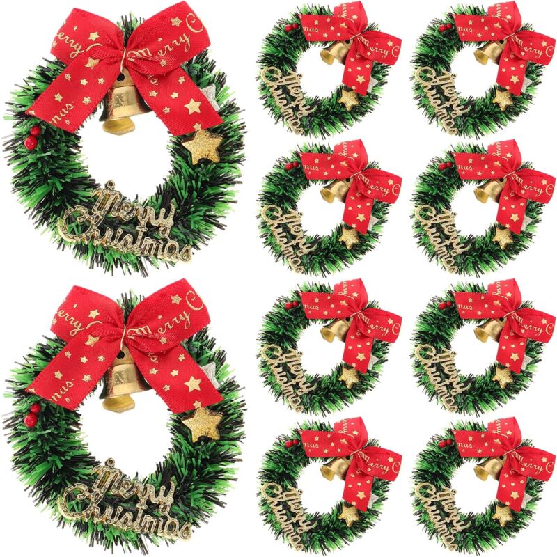 DOLASO 10 Stück künstliche Mini-Weihnachtskränze mit Schleifen und Glöckchen, 6,5 cm, Miniaturkränze zum Basteln, Puppenhaus-Dekorationen,