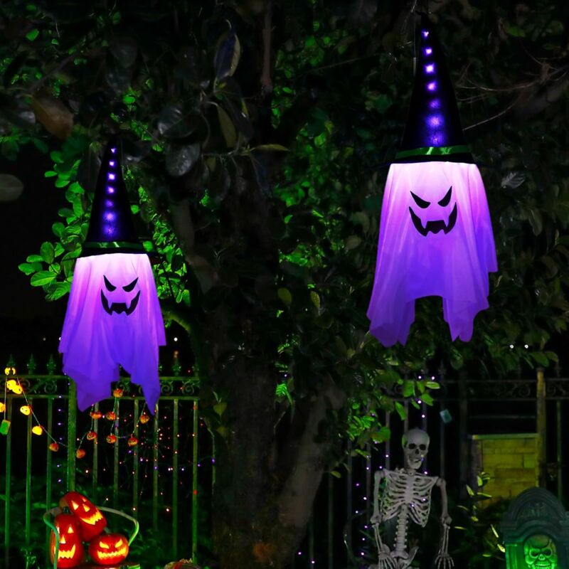 DOLASO Gruselige Halloween-Außendekoration – 2 Stück 1 m Geister- und Hexenhut, Halloween-Dekoration mit LED-Lichterkette, geeignet für