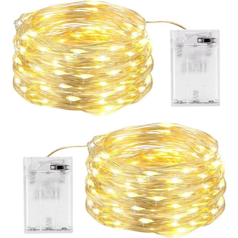 Home-Lichterkette, 2 Stück, 10 m, 100 LEDs, batteriebetrieben, Lichterkette, warmweißer Vorhang-Lichtvorhang für drinnen und draußen, Urlaub,