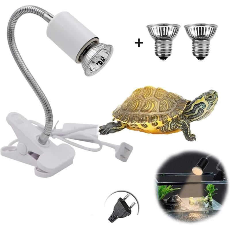 Schildkröten-Heizlampe, Terrarium-Heizlampe mit Clip, Reptilien- und Amphibienlampe, mit 2 Basking Spot uva uvb 50W Glühbirnen und 360° drehbarer