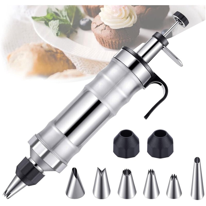 Topping-Spritze aus Edelstahl mit 6 Düsen, Einhand-Kuchenspritze, Süßigkeiten-Presspistole, Mehrzweck-Kuchenspritze für Cupcakes, Gebäck (schwarz)
