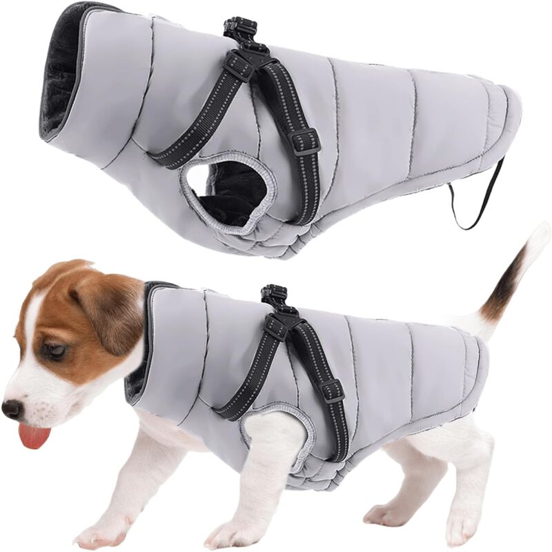Wasserdichter Hundemantel, warme Jacke: Grau m, wasserdichter Hundemantel mit Geschirr, Winter-Hundemantel, Hundemantel mit integriertem Geschirr für