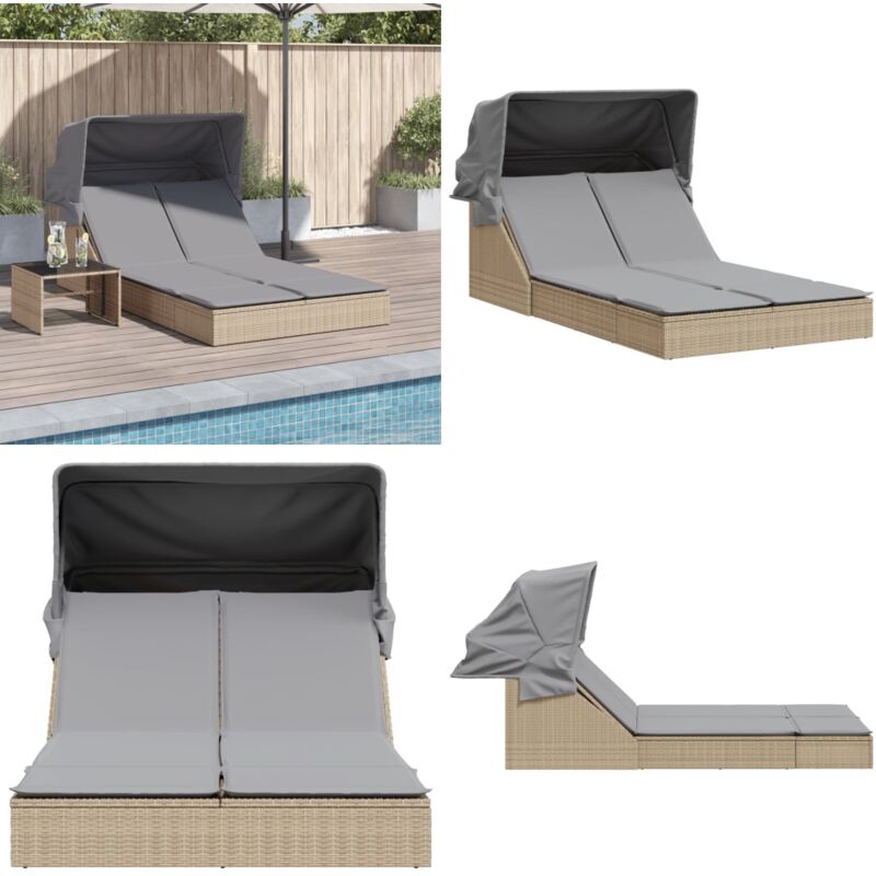 Doppel-Sonnenliege mit Dach und Auflagen Beige Poly Rattan - Doppel Liege - Sonnenliege - Gartenliege - Outdoor Liege - Relax Liege - Home & Living