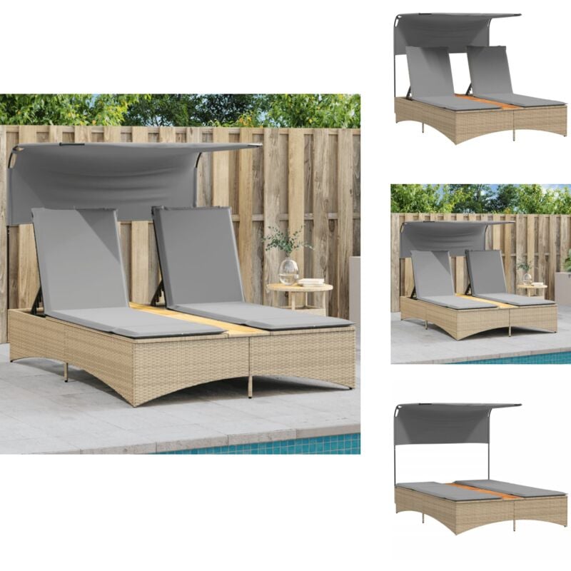 Vidaxl - Doppel-Sonnenliege mit Dach und Auflagen Beige Poly Rattan - Doppelsonneliege - Liege - Gartenmöbel - Outdoor Möbel - Relax Liege