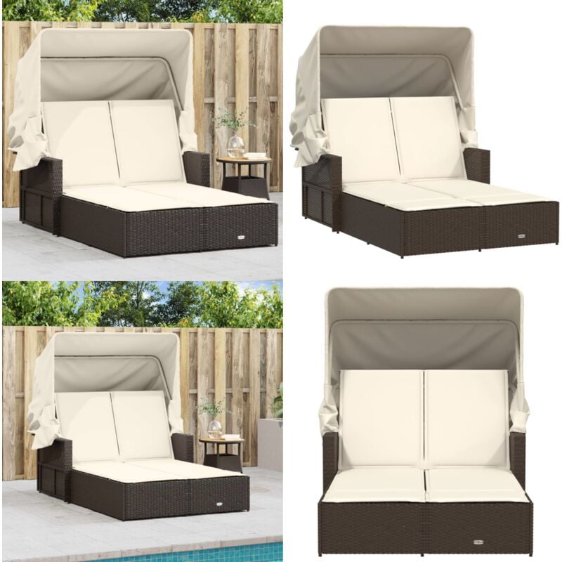 Doppel-Sonnenliege mit Dach und Auflagen Braun Poly Rattan - Doppel Liege - Sonnenliege - Gartenliege - Outdoor Liege - Relax Liege - Home & Living