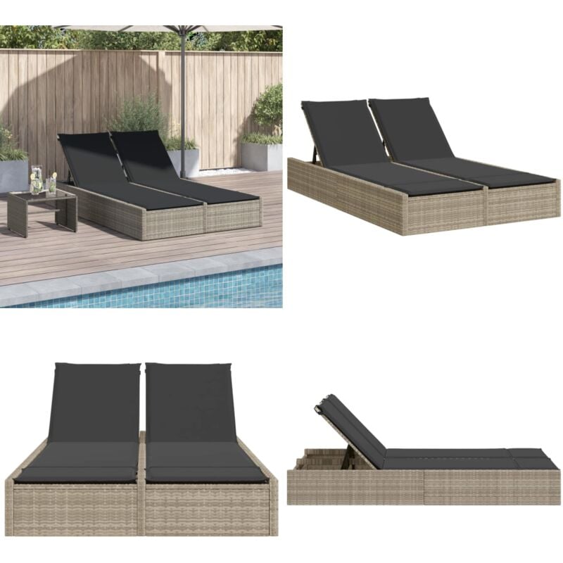 Vidaxl - Doppel-Sonnenliege mit Kissen Hellgrau Poly Rattan - Doppel-Sonnenliege - Gartenliege - Liege - Outdoor Liege - Poolliege - Home & Living