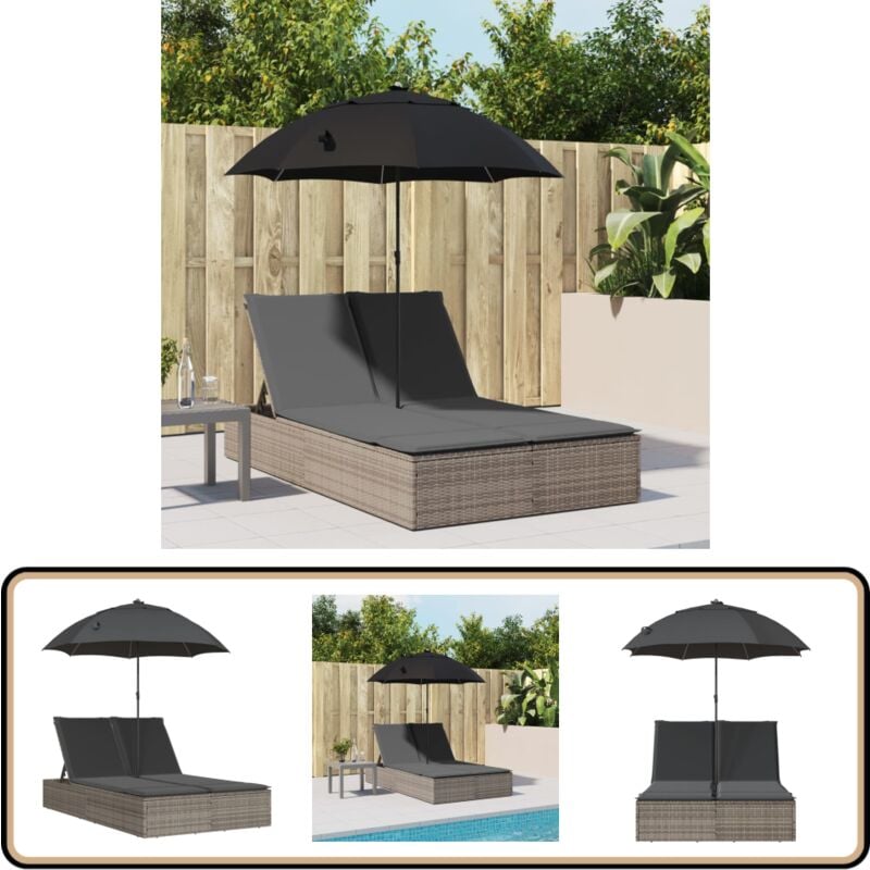 Doppel-Sonnenliege mit Kissen & Sonnenschirm Grau Poly Rattan - Doppelsonneliege - Gartenlounge - Liege Im Freien - Outdoor Liege - Poolside Lounge