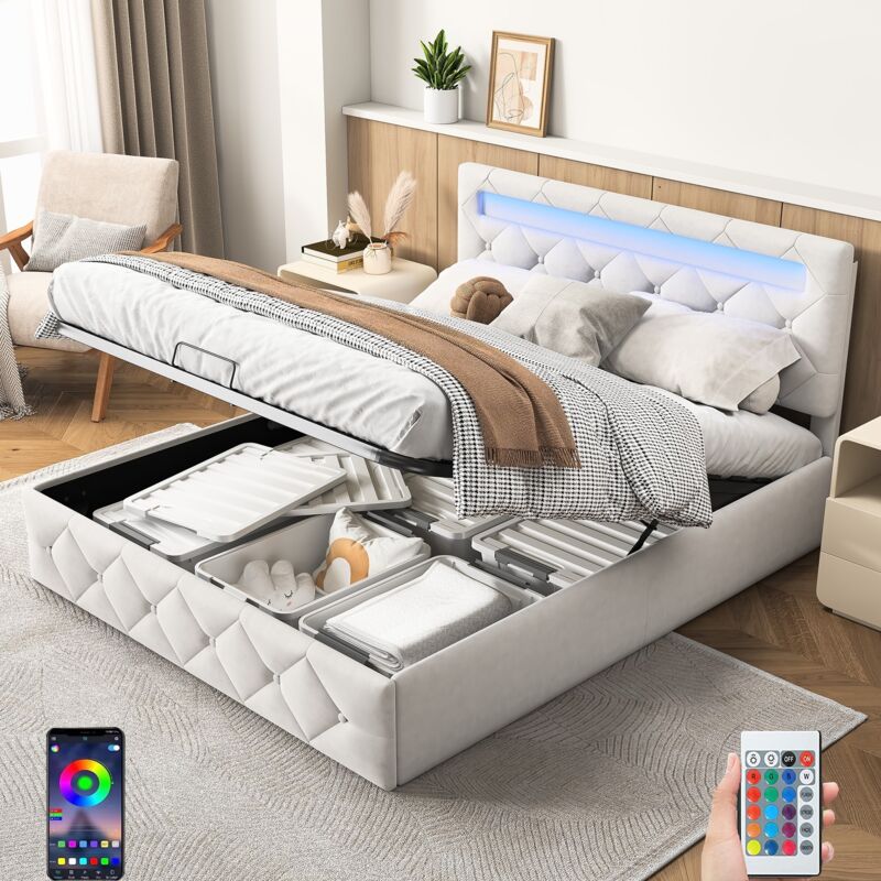 Bett mit Stauraum 160x200cm, mit LED-Beleuchtung, hydraulischem Stauraum, Lattenrost aus Holz, Metallrahmen, gepolstertem Bett aus Samt - Beige