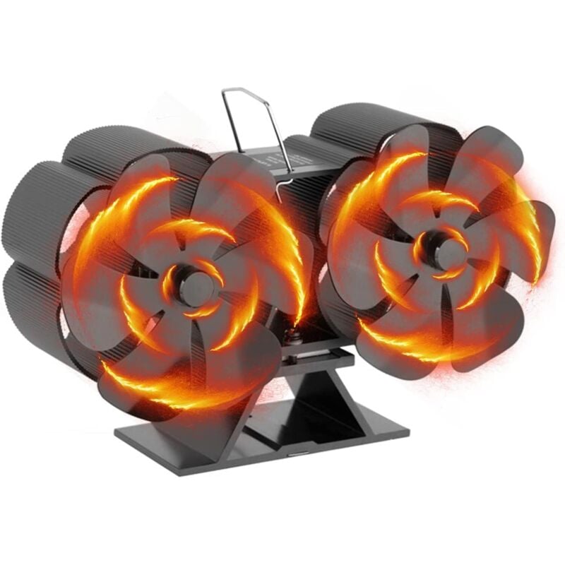 Qiyao - Doppelter Holzofenventilator, Doppelkopf-Kaminventilator mit Ofenthermometer für Holzofen, Kamin, Kamin und Ofenzubehör - Schwarz