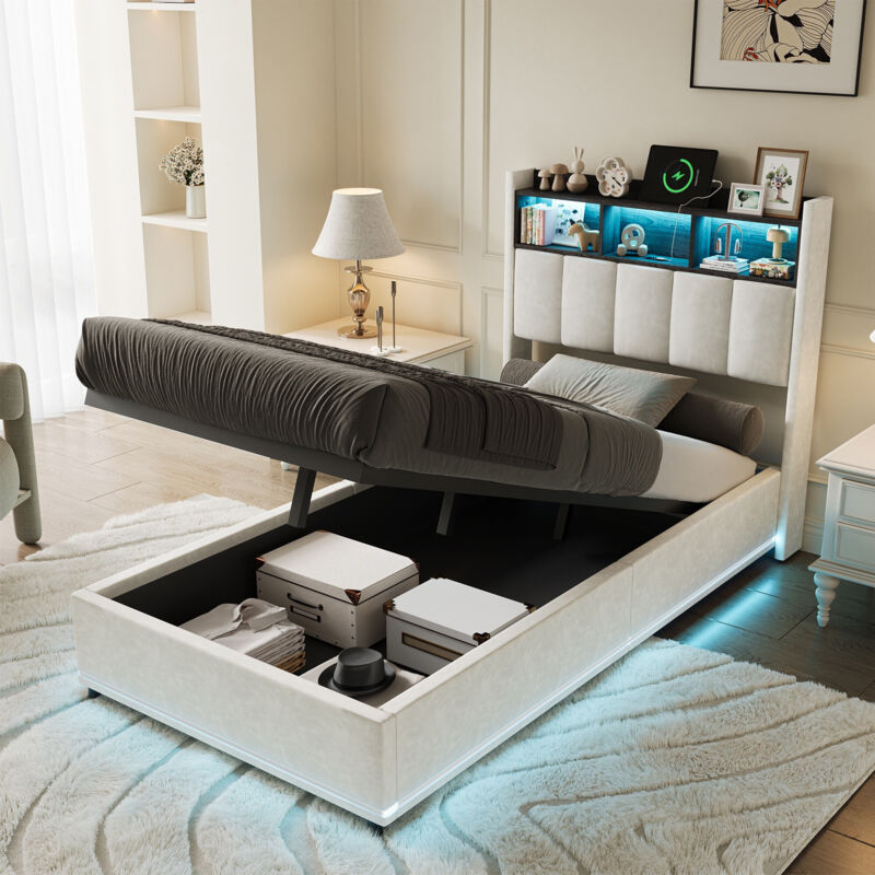 Bett mit Stauraum 90x200 cm, mit LED-Beleuchtung, USB-Ladefunktion, Samt, offene Staufächer, Lattenrost, hydraulisch gepolstertes Bett, Weiß