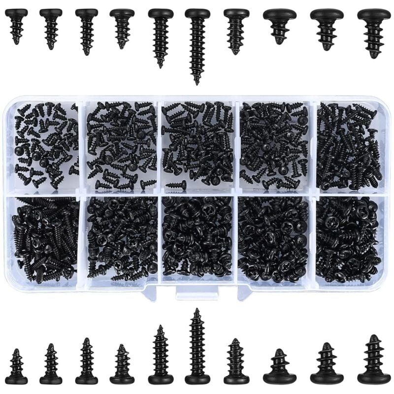 INHHUB 500 Stück selbstschneidende Schrauben, selbstbohrende Schrauben mit Kreuzschlitz, schwarze Holzschrauben mit Rundkopf für Kunststoff, Holz,
