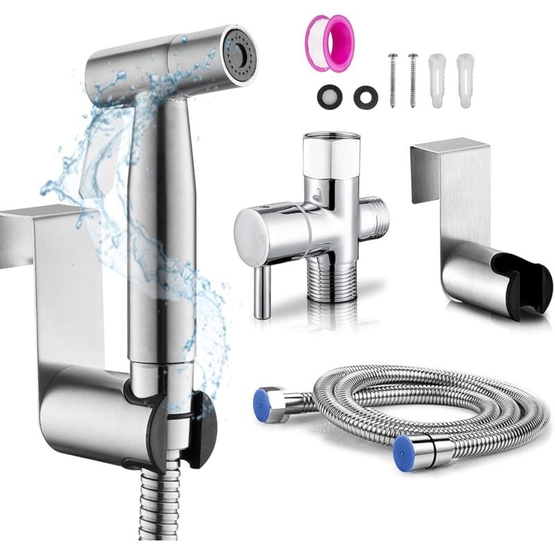 INHHUB Bidet-Toilettensprüher aus Edelstahl, Bidet-Sprühset, Wasserhahnsprüher (Silber, Schlauchset zur Wandmontage) -INHHUB