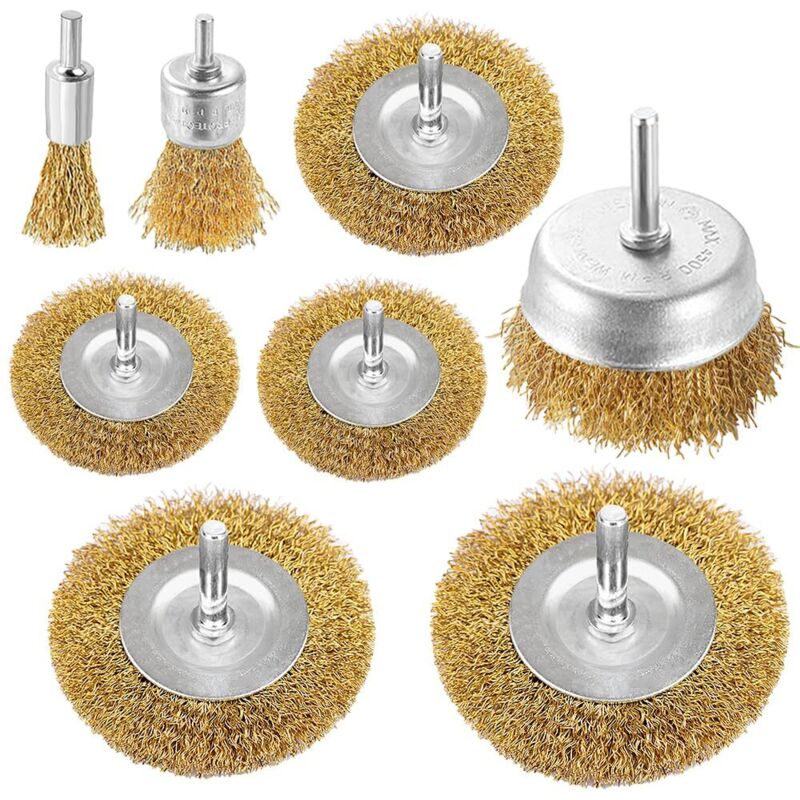Tigrezy - Draht-Rad-Topfbürsten-Bohrer-Set, 8-teilig, messingbeschichtete Drahtbürste, Rad-Topfbürste für Bohrer mit 1/4-Zoll-Schaft zum Reinigen von