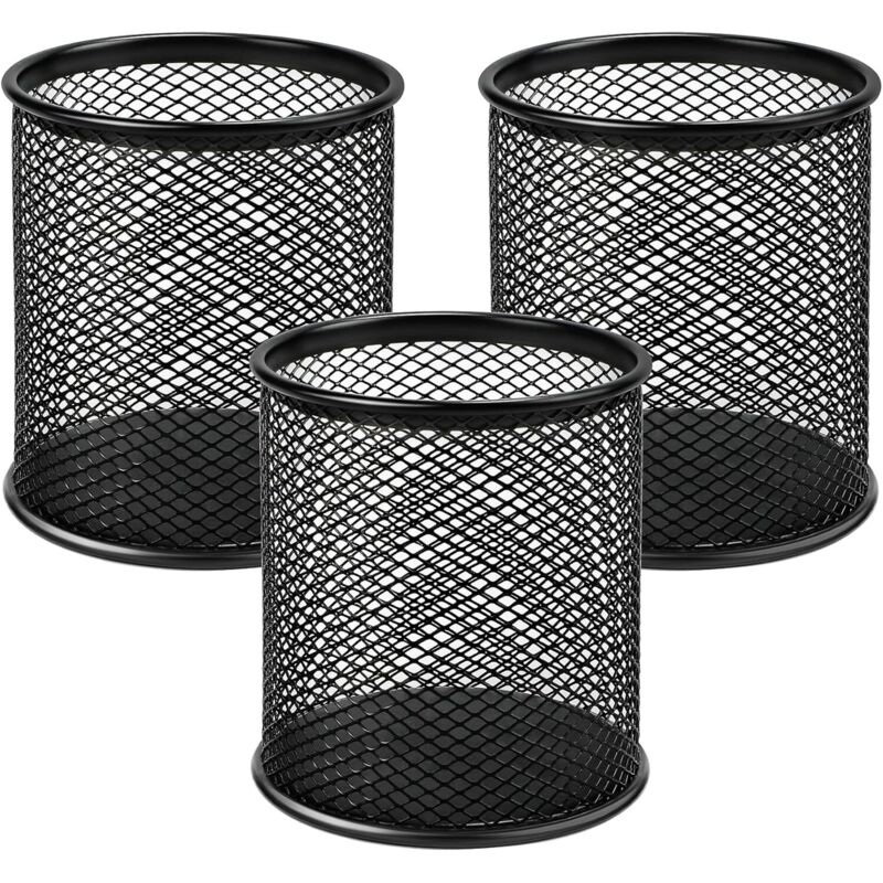 Drei hochwertige schwarze Metall-Stiftehalter (9 x 9 x 10 cm) für Büros und zur Aufbewahrung von Schreibwaren.