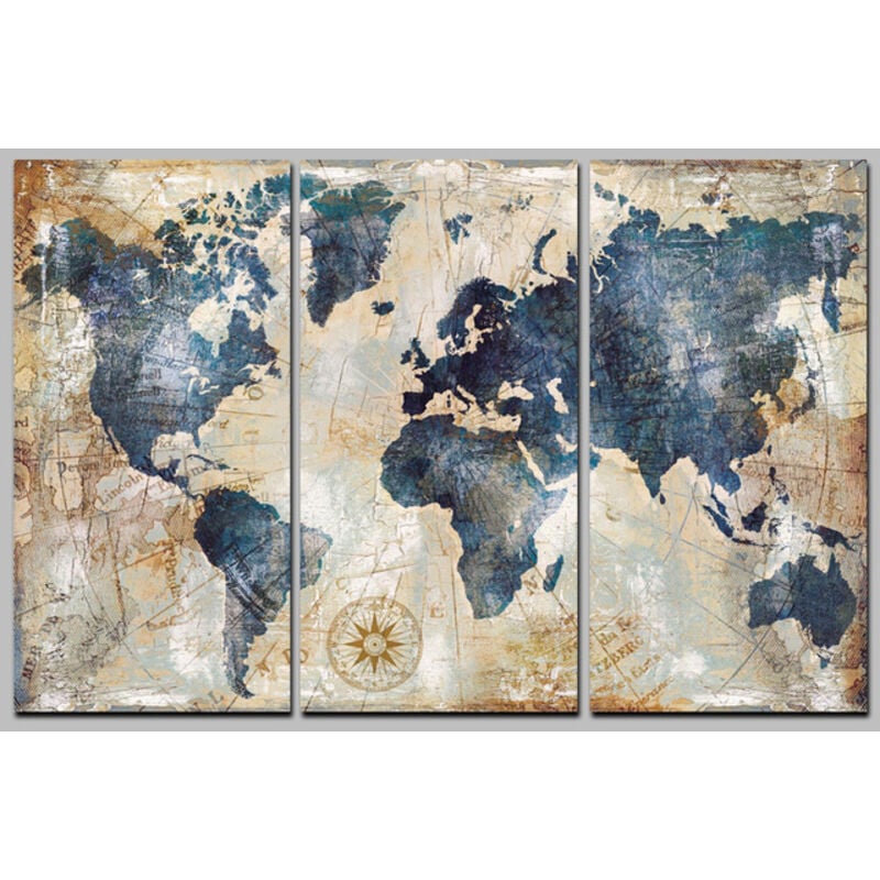 Druck auf Vlies-Leinwand, Weltkarte, 90 x 60 cm, Gemälde, 3 Teile, Gemälde, Wanddekoration, Foto, künstlerisches Bild, nautische Grafikfotografie,