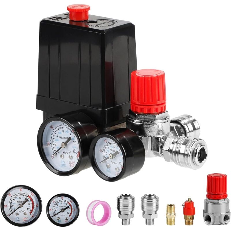 Druckschalter Kompressor 220V Druckregler für Luftkompressor mit Manometer Sicherheitsventil Kupplungen, 90-120PSI Kompressor Ersatzteile