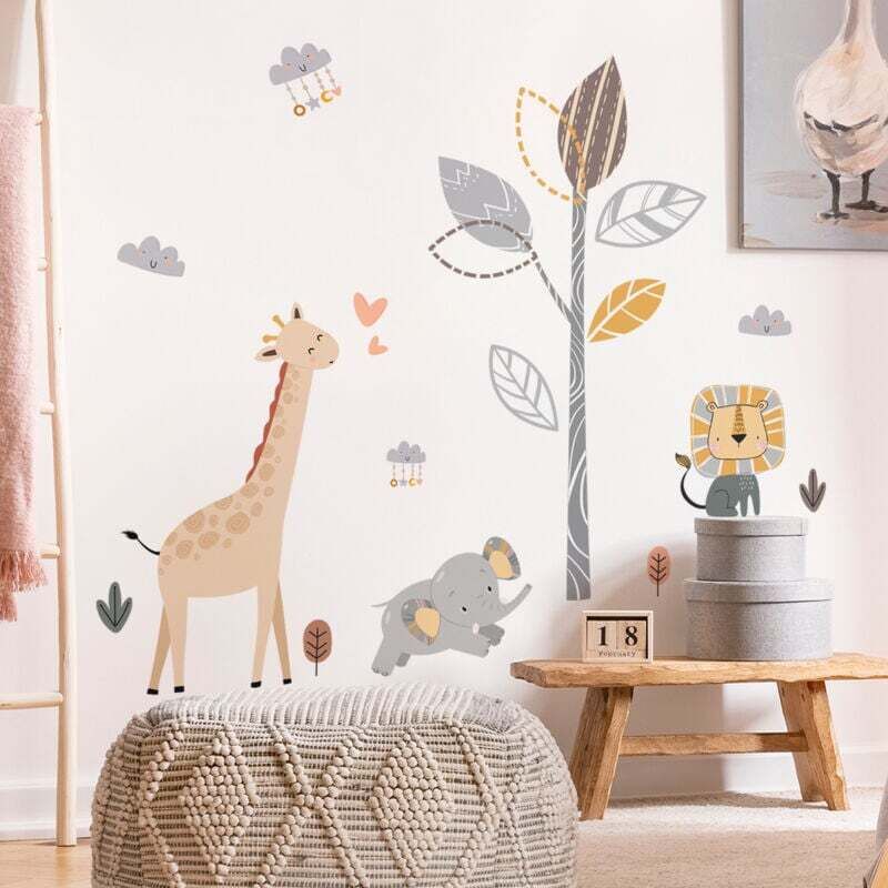 Dschungeltier-Wandtattoos, Boho-Baum-Wandaufkleber, Safari-Giraffe, Löwe, Elefant für Kinderzimmer, Babyzimmer
