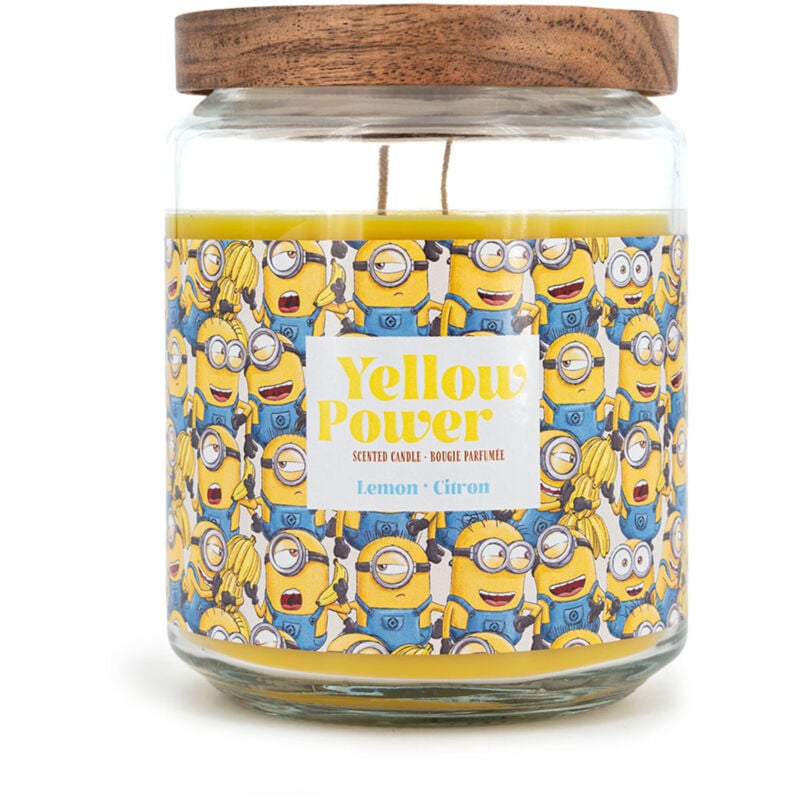Minions Duftkerze, Aromakerze Kirsche, 510g, Paraffinwachs, Glas, Holzdeckel, Fanartikel, Gelb